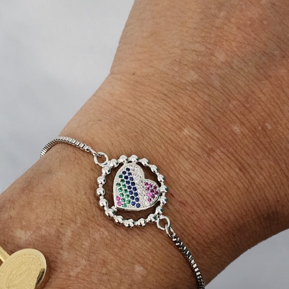 Stainless Steel Rolo Slide Bracelet Heart Multi Color Crystals - Picture 4 of 5